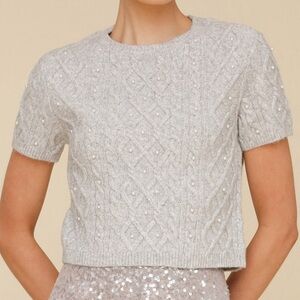 Avec Les Filles Pearl Gray Cable Knit Short Sleeve Sweater Size XS